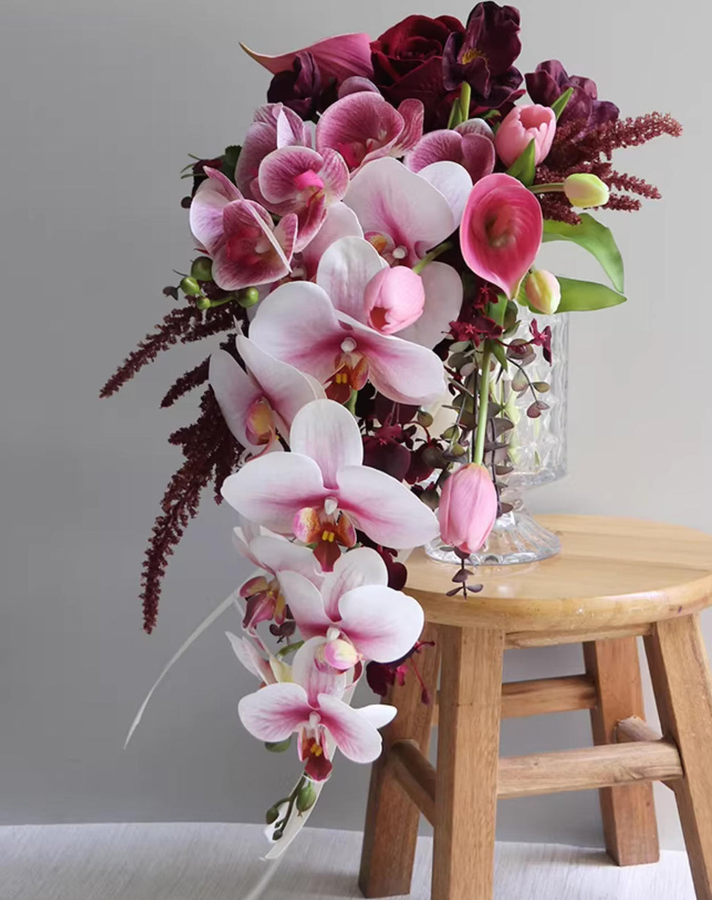 Custom Bridal Bouquet – Burgundy Roses &amp; Pink Orchid Arrangement