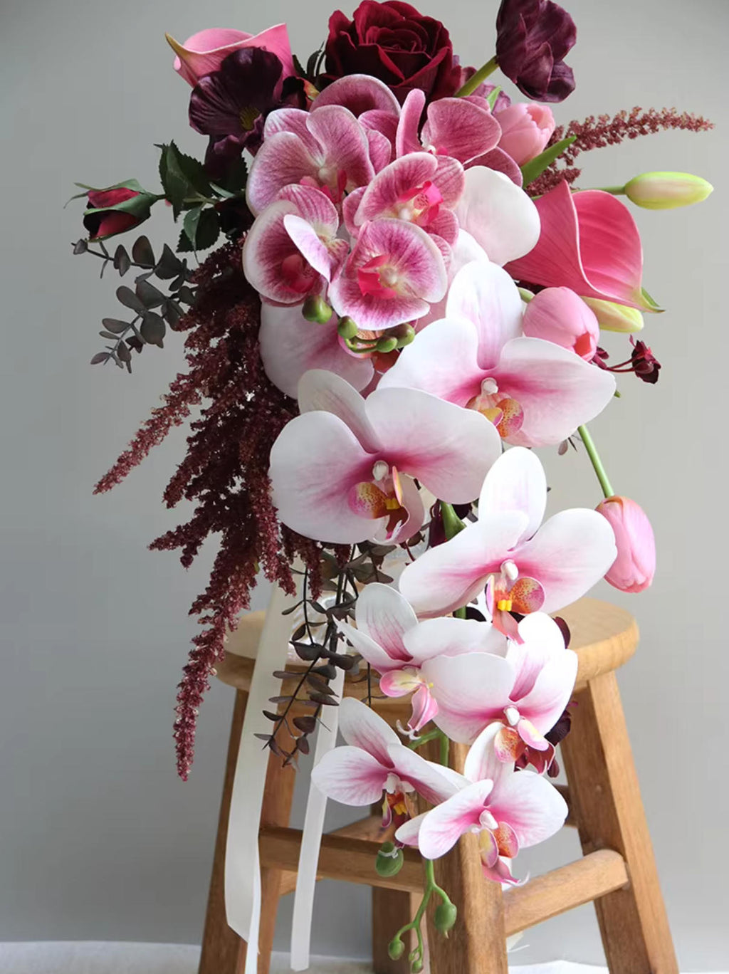 Custom Bridal Bouquet – Burgundy Roses &amp; Pink Orchid Arrangement