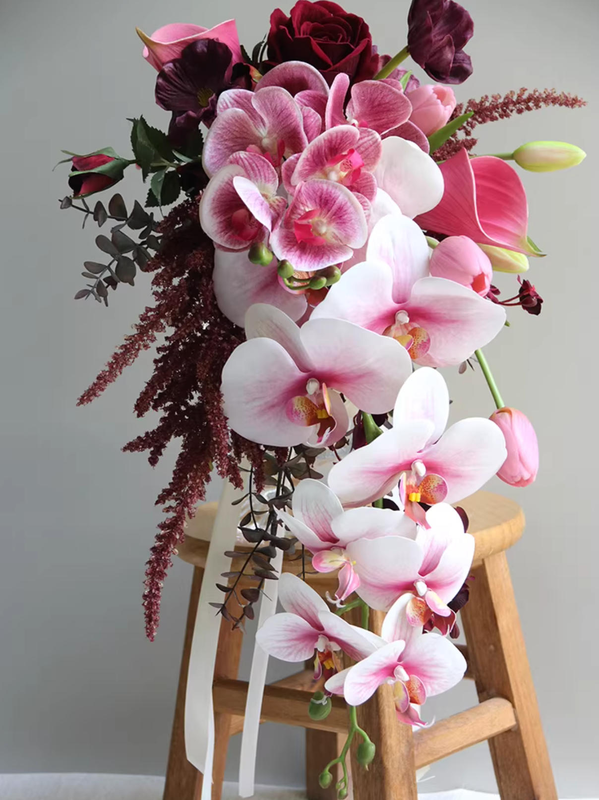 Custom Bridal Bouquet – Burgundy Roses &amp; Pink Orchid Arrangement
