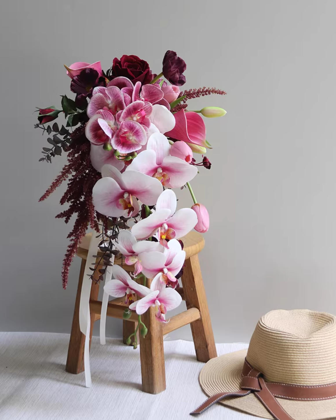 Custom Bridal Bouquet – Burgundy Roses &amp; Pink Orchid Arrangement