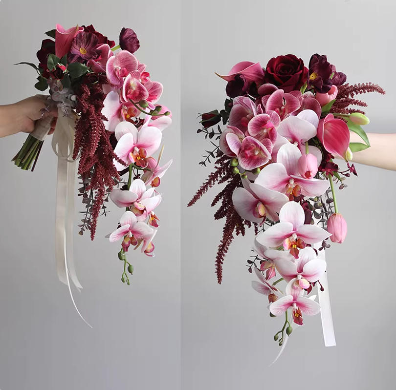 Custom Bridal Bouquet – Burgundy Roses &amp; Pink Orchid Arrangement