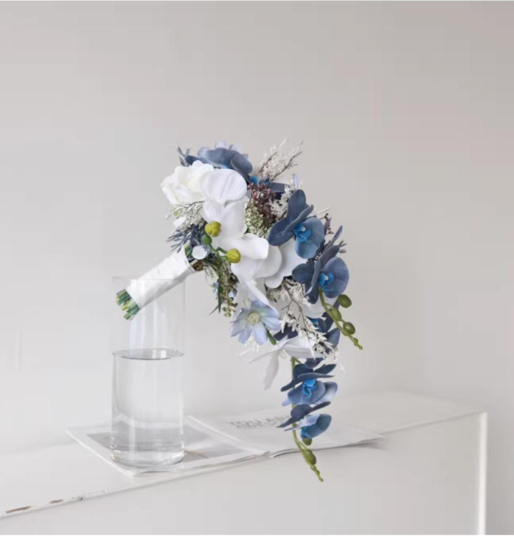 Luxury Blue Cascade Bridal Bouquet – Handmade Orchid Silk Wedding Flowers, Elegant Waterfall Design
