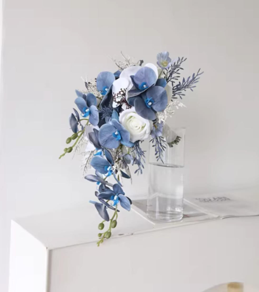 Luxury Blue Cascade Bridal Bouquet – Handmade Orchid Silk Wedding Flowers, Elegant Waterfall Design