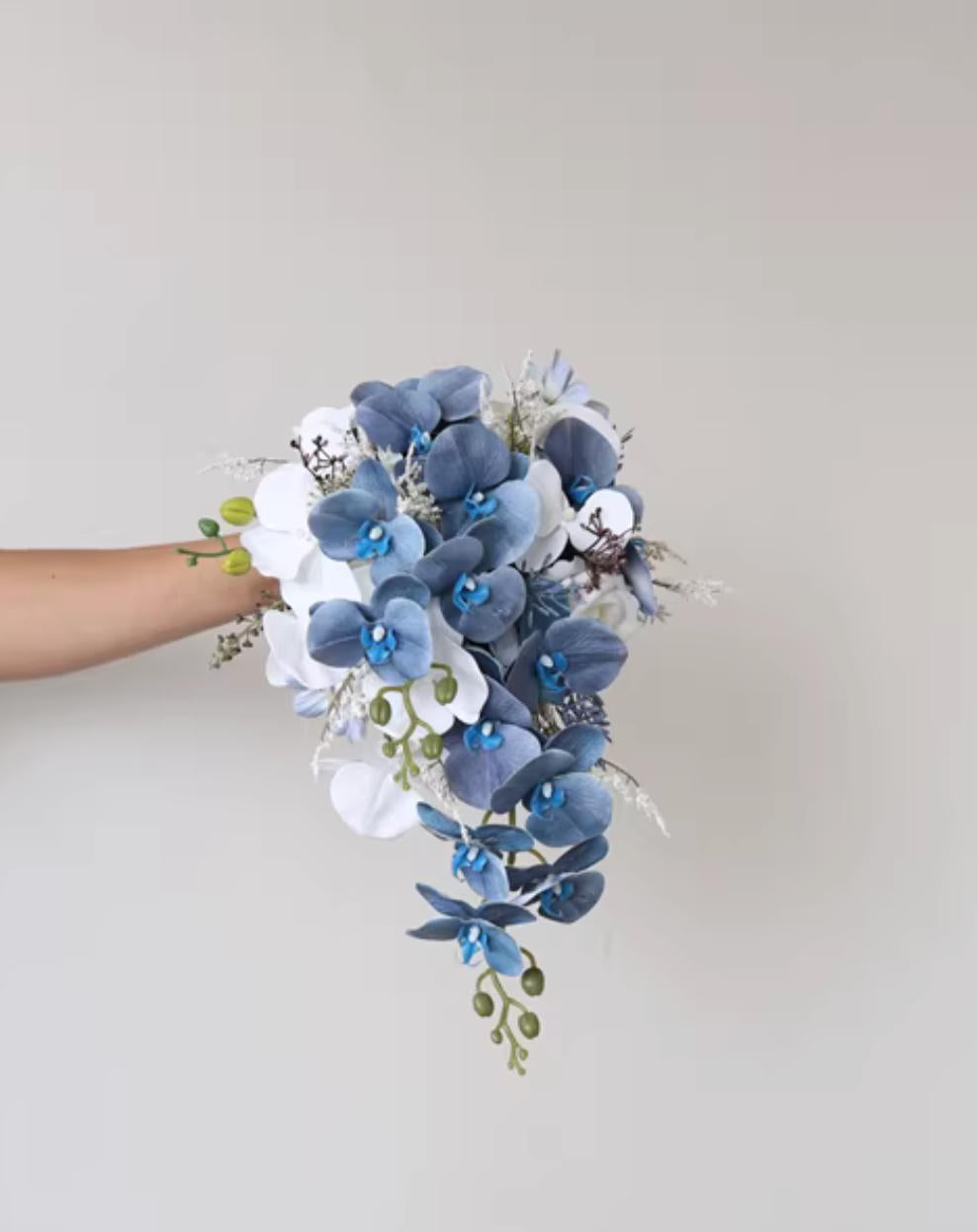 Luxury Blue Cascade Bridal Bouquet – Handmade Orchid Silk Wedding Flowers, Elegant Waterfall Design