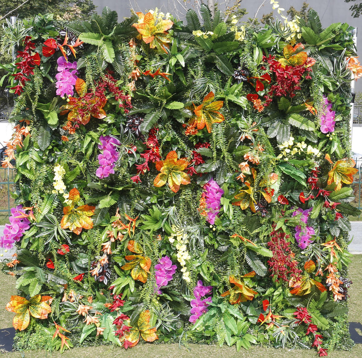 Artificial Tropical Green Wall Panel with Orchids & Exotic Flowers – Luxury Jungle Backdrop for Wedding Event Decor
