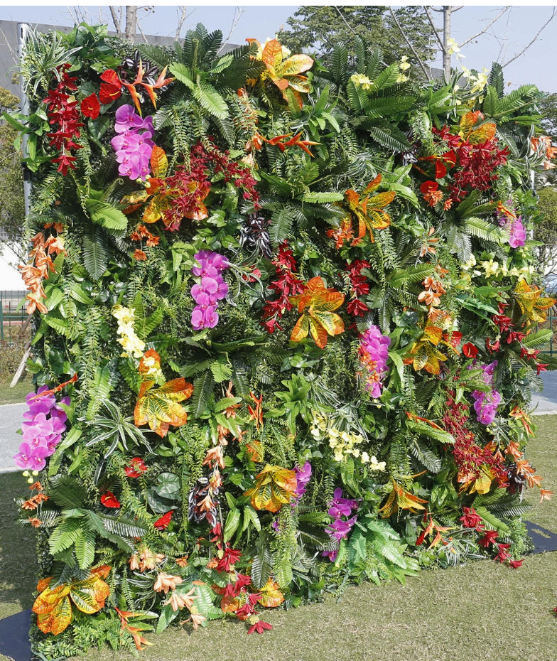 Artificial Tropical Green Wall Panel with Orchids & Exotic Flowers – Luxury Jungle Backdrop for Wedding Event Decor