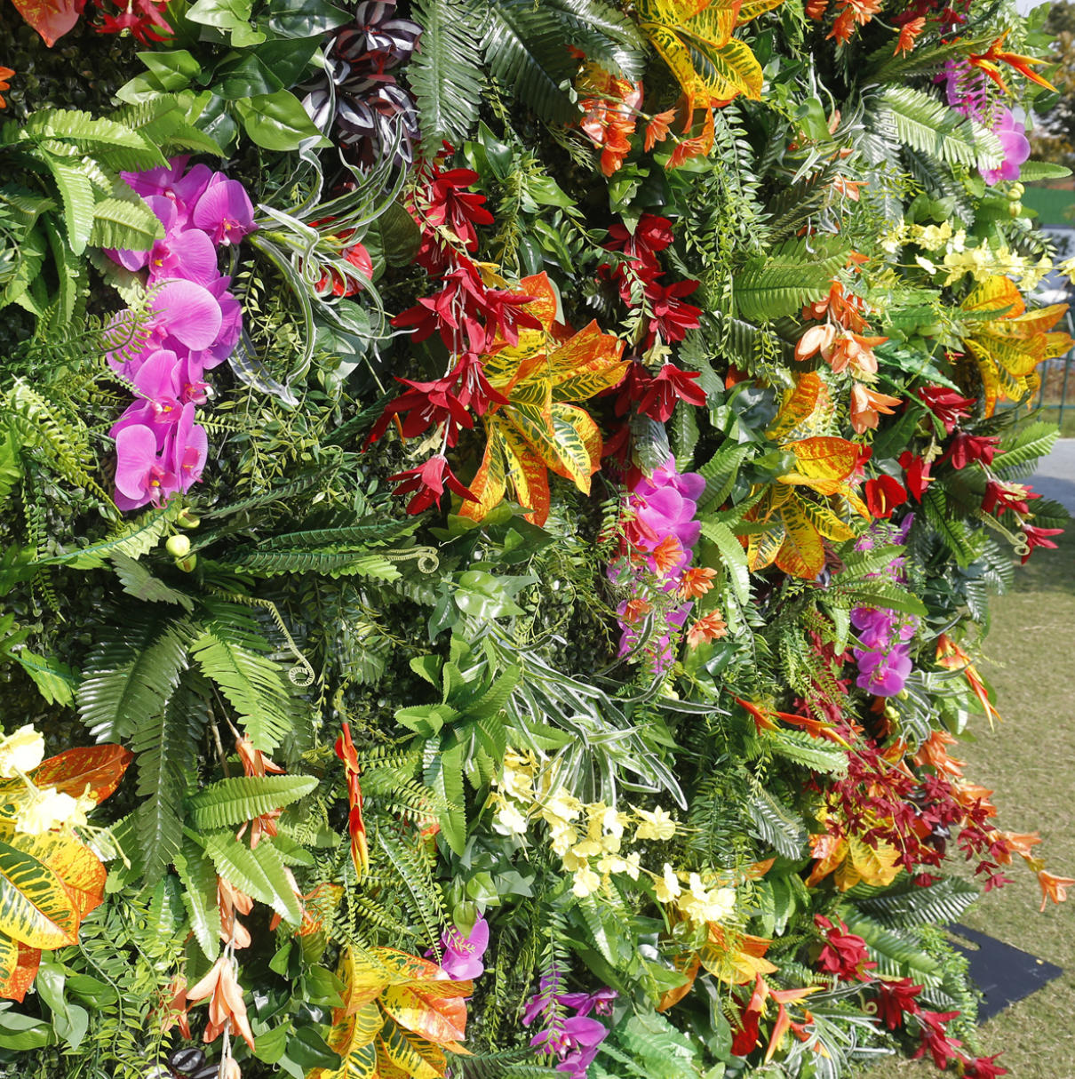 Artificial Tropical Green Wall Panel with Orchids & Exotic Flowers – Luxury Jungle Backdrop for Wedding Event Decor