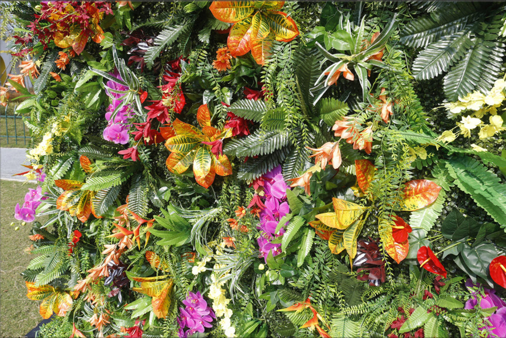 Artificial Tropical Green Wall Panel with Orchids & Exotic Flowers – Luxury Jungle Backdrop for Wedding Event Decor