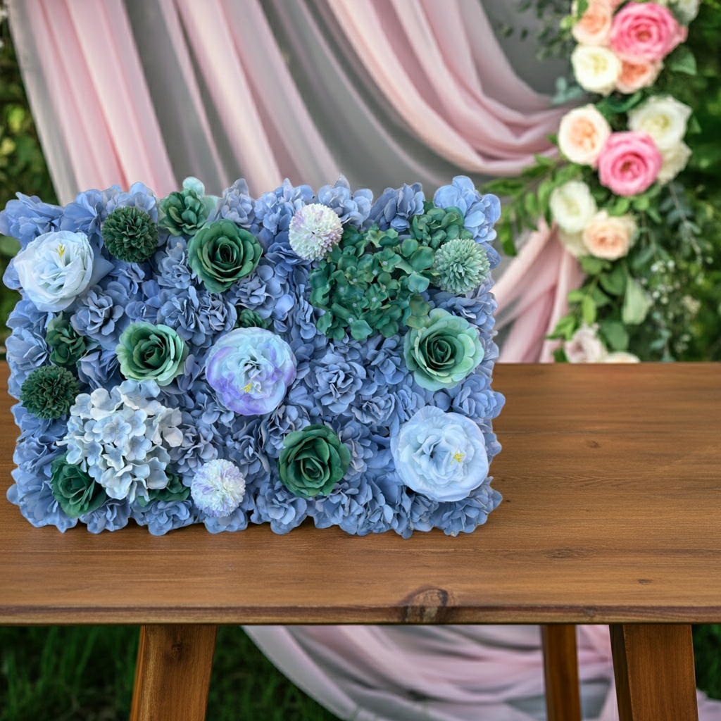 Gray Blue Artificial Flower Wall Panel 60x40cm – Silk Wedding Backdrop & DIY Floral Decor