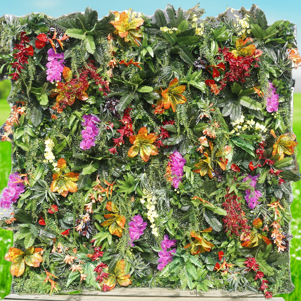 Artificial Tropical Green Wall Panel with Orchids & Exotic Flowers – Luxury Jungle Backdrop for Wedding Event Decor