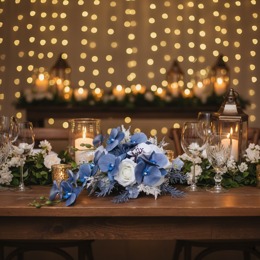 Luxury Blue Cascade Bridal Bouquet – Handmade Orchid Silk Wedding Flowers, Elegant Waterfall Design
