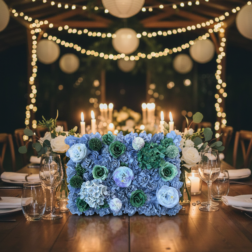 Gray Blue Artificial Flower Wall Panel 60x40cm – Silk Wedding Backdrop & DIY Floral Decor