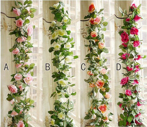 Flower Ivy Length 2.3m/90" Artificial Silk Rose Garland 2 Strands Fake Flower Ivy Leaf Vine Plants Home Hanging  Wedding Decoration