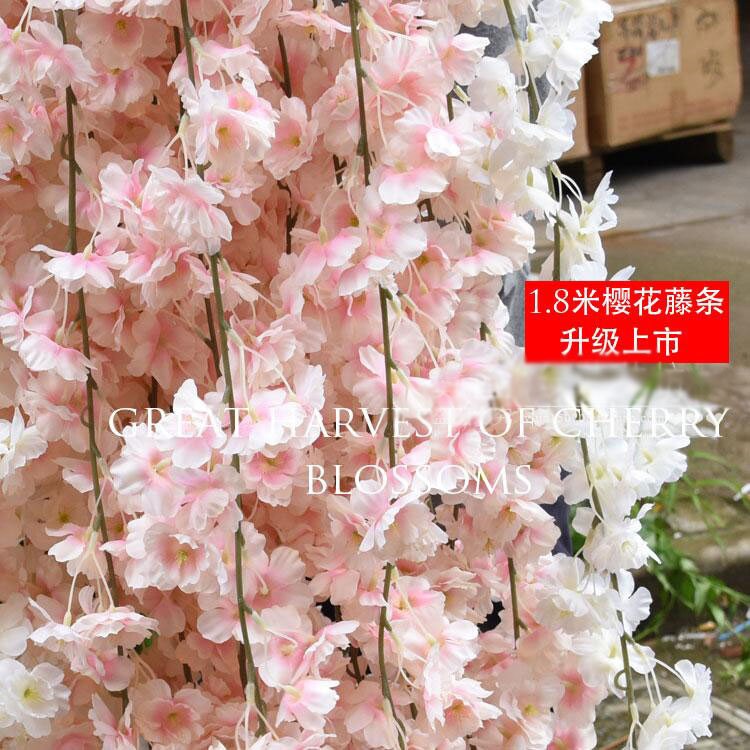 2 Strands Cherry blossoms Flower Ivy Length 1.8m/70.9" Artificial Silk Cherry Flower Rattan Home Hanging Outdoor Wedding Decoration