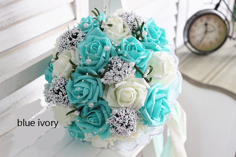 Mint Green Wedding Bouquet PE Flowers Bridal Bouquet  Wedding Centerpieces Decorations,Silk Ribbon Fake Flower Bouquets