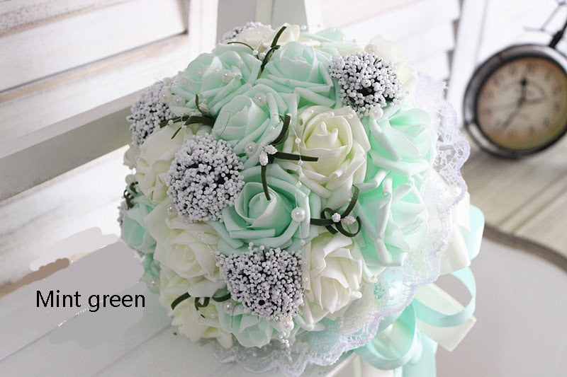 Mint Green Wedding Bouquet PE Flowers Bridal Bouquet  Wedding Centerpieces Decorations,Silk Ribbon Fake Flower Bouquets