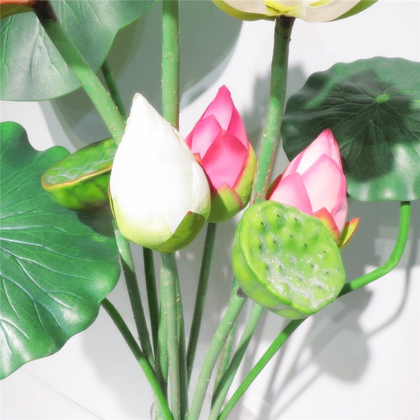 5 Stems Artificial Simulation Silk Lotus Buds Water Lily Buds  Fish Tank Pond Decoration Floating Pool Plants Length 80cm/31.5"