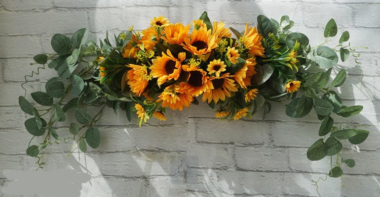 Orange Sunflowers & Eucalyptus Swag/Wreath for Wedding/Front Door, Rustic Flower Swag, Boho Wreath, Turnsolea  Eucalyptus Swag/Wreath