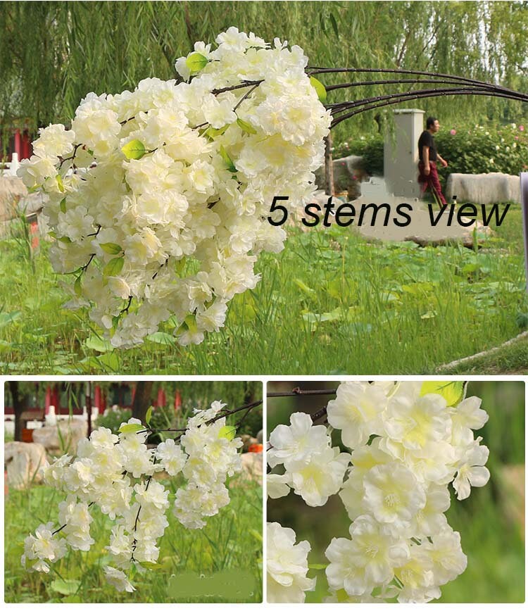 Wholesale 5 Stems Artificial Simulation Silk Cherry Blossom Sakura Wedding Party Decoration Flowers Total Lenght 1 m/39.37"