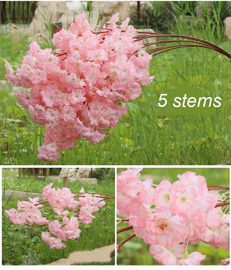 Wholesale 5 Stems Artificial Simulation Silk Cherry Blossom Sakura Wedding Party Decoration Flowers Total Lenght 1 m/39.37"