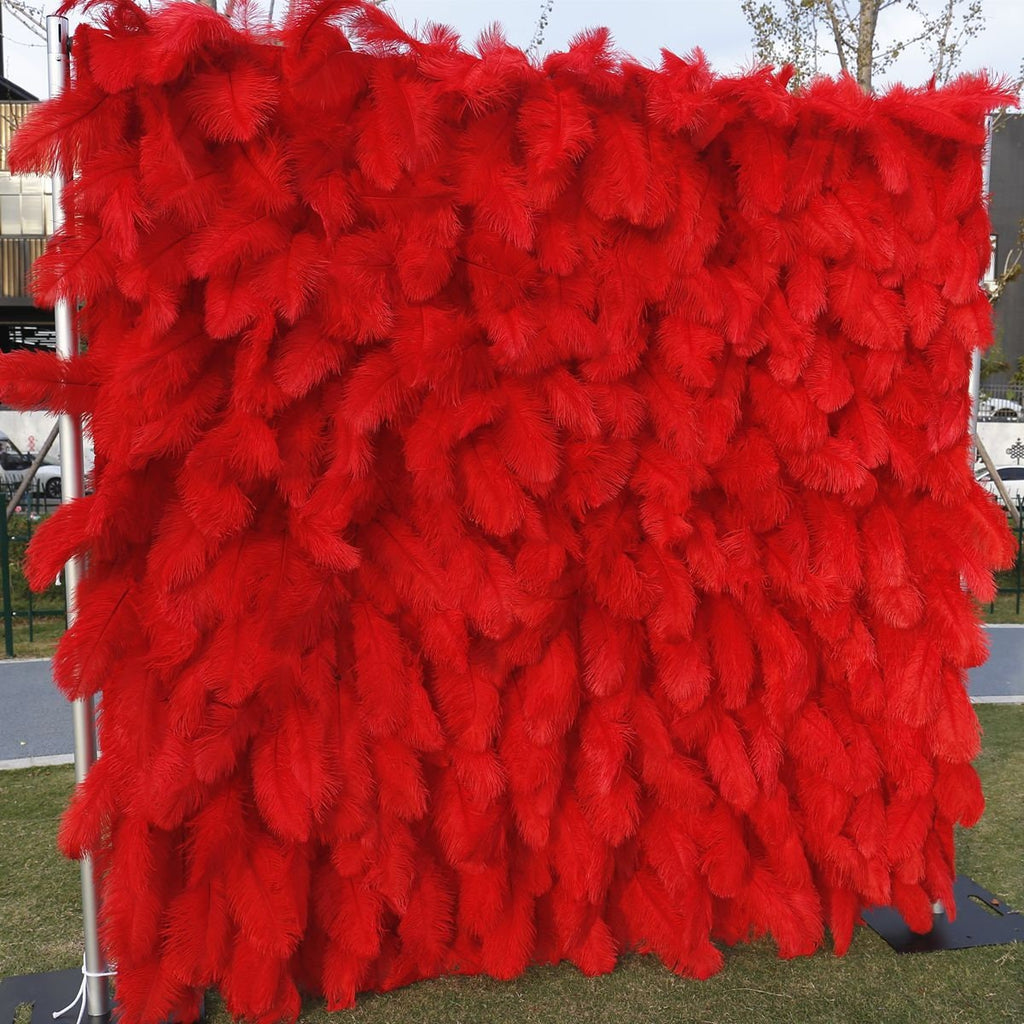Red Feather Fabric Backdrop for Wedding Party, 3D Layered Photo Background for Bridal Shower Event Decoration