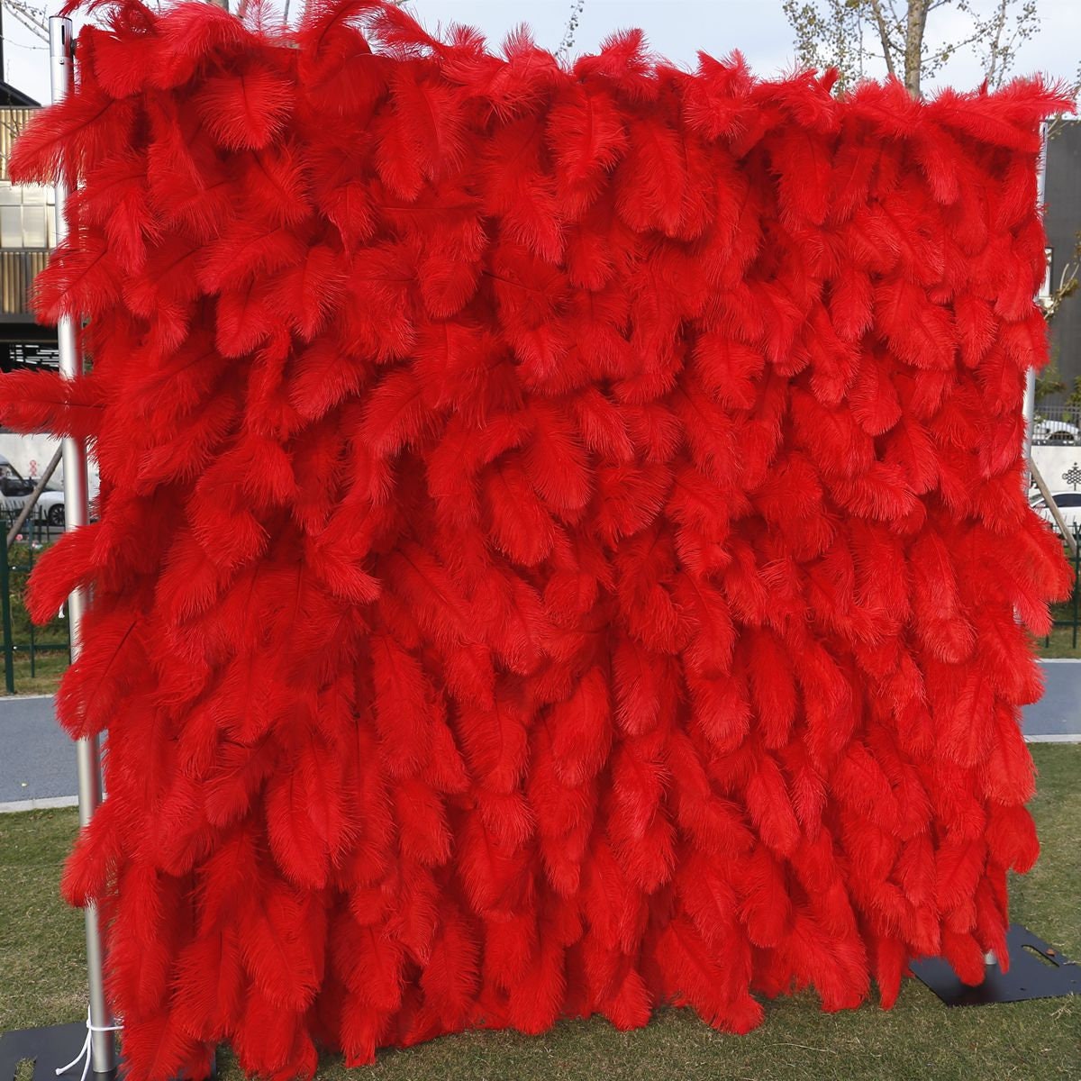 Red Feather Fabric Backdrop for Wedding Party, 3D Layered Photo Background for Bridal Shower Event Decoration