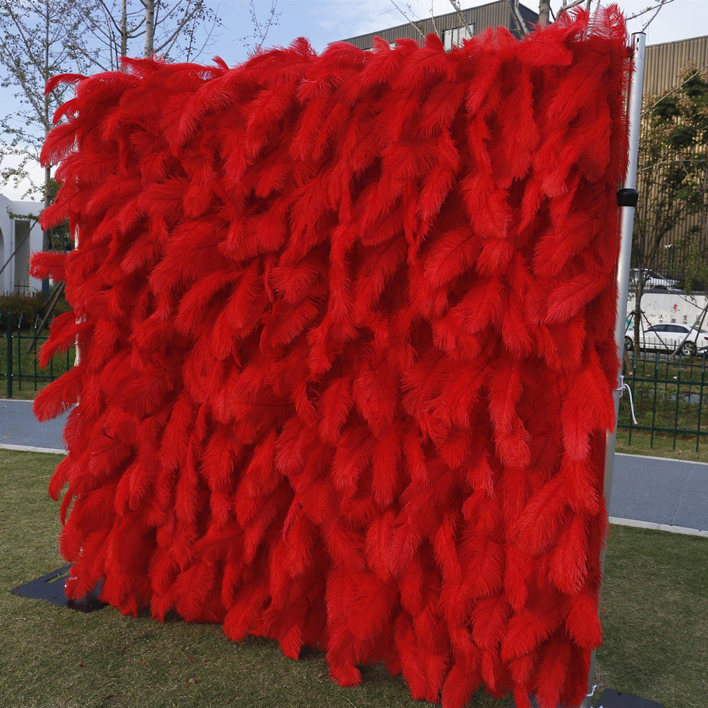 Red Feather Fabric Backdrop for Wedding Party, 3D Layered Photo Background for Bridal Shower Event Decoration