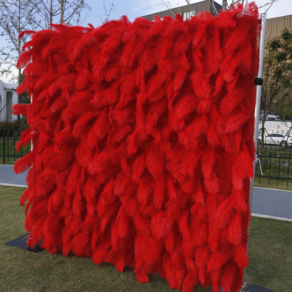 Red Feather Fabric Backdrop for Wedding Party, 3D Layered Photo Background for Bridal Shower Event Decoration