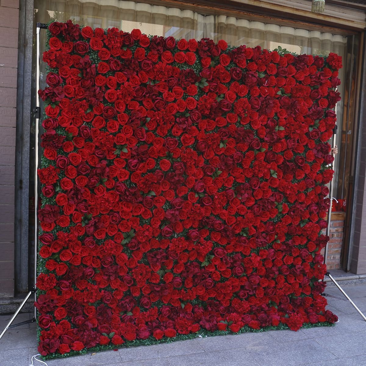 3D Red Rose Flower Wall Green Plants For Wedding Arrangement Event Salon Party Photography Backdrop Fabric Rolling Up Curtain Fabric Cloth