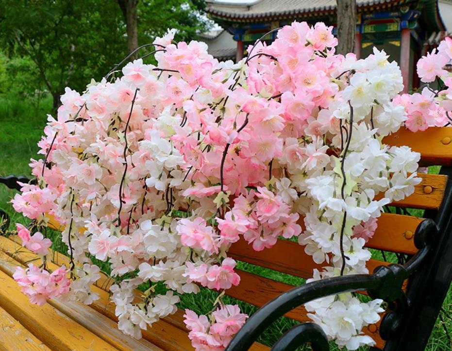 5 Stems Wedding Simulation Silk Cherry Blossom Length 140cm/55.12" Wedding Decoration Flowers Sakura Spring Hanging Basket Flower Vine