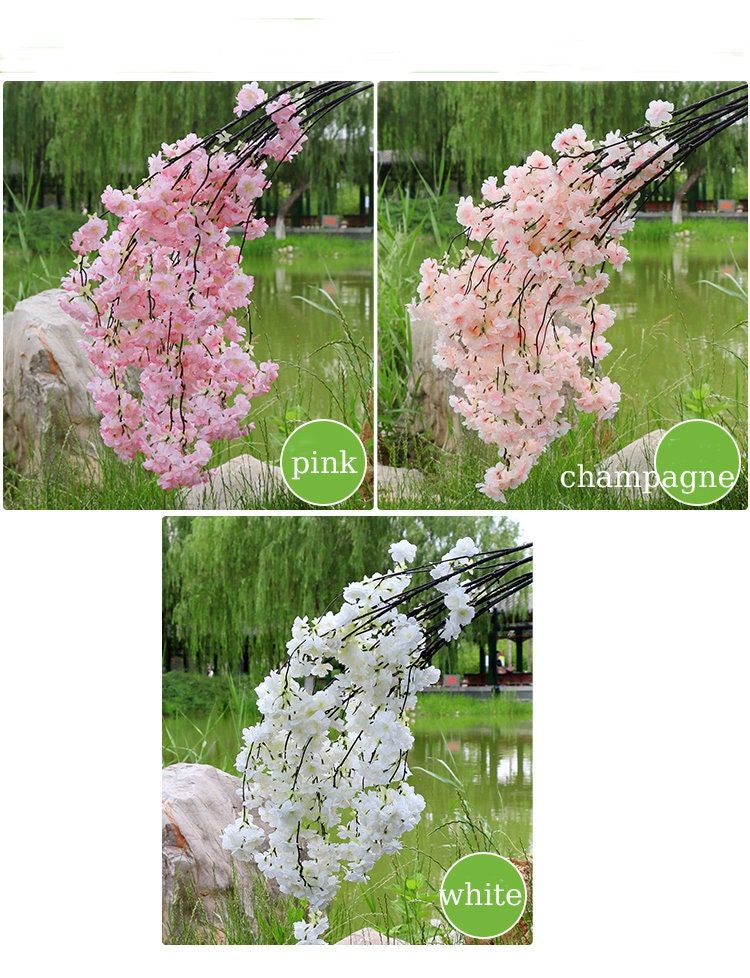 5 Stems Wedding Simulation Silk Cherry Blossom Length 140cm/55.12" Wedding Decoration Flowers Sakura Spring Hanging Basket Flower Vine