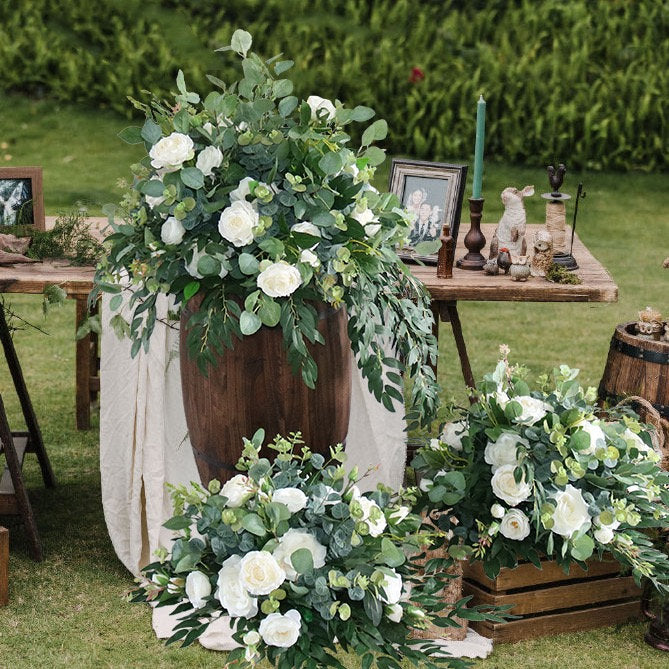 Wedding Aisle Flower Arrangement – White Rose Green Artificial Floral Decor