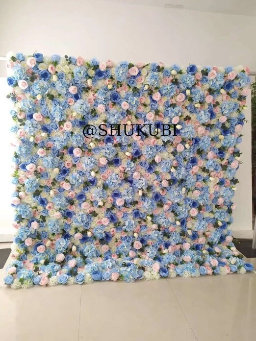 Blue Pink Flower Wall For Wedding Photography Backdrop Event Salon Party Arrangement  Fabric Rolling Up Curtain Fabric Cloth