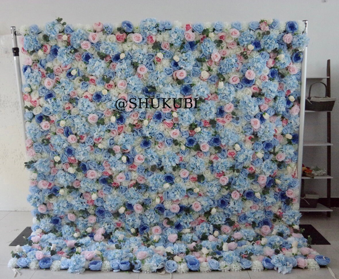 Blue Pink Flower Wall For Wedding Photography Backdrop Event Salon Party Arrangement  Fabric Rolling Up Curtain Fabric Cloth