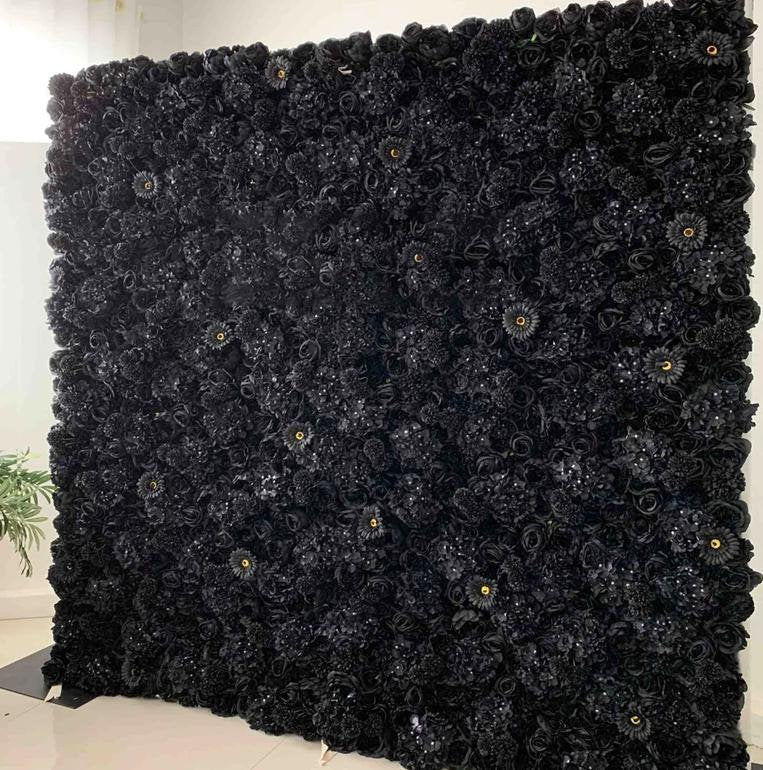 New Design Full Black  Flower Roll Up Curtain Fabric Cloth Artifical Floral Wall for Wedding Party Home Salon Decor backdrop