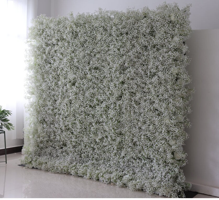 High Quality White Rose Baby Breaths Mix Flower Wall For Wedding Arrangement  Event Photography Backdrop Fabric Rolling Up Curtain Cloth