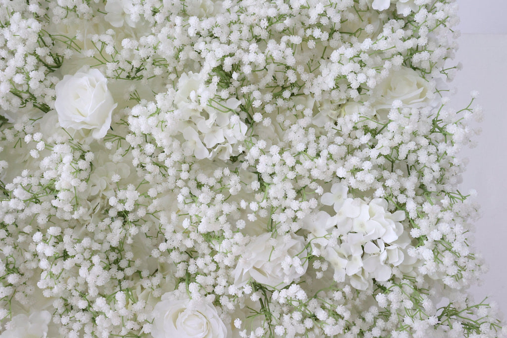 High Quality White Rose Baby Breaths Mix Flower Wall For Wedding Arrangement  Event Photography Backdrop Fabric Rolling Up Curtain Cloth