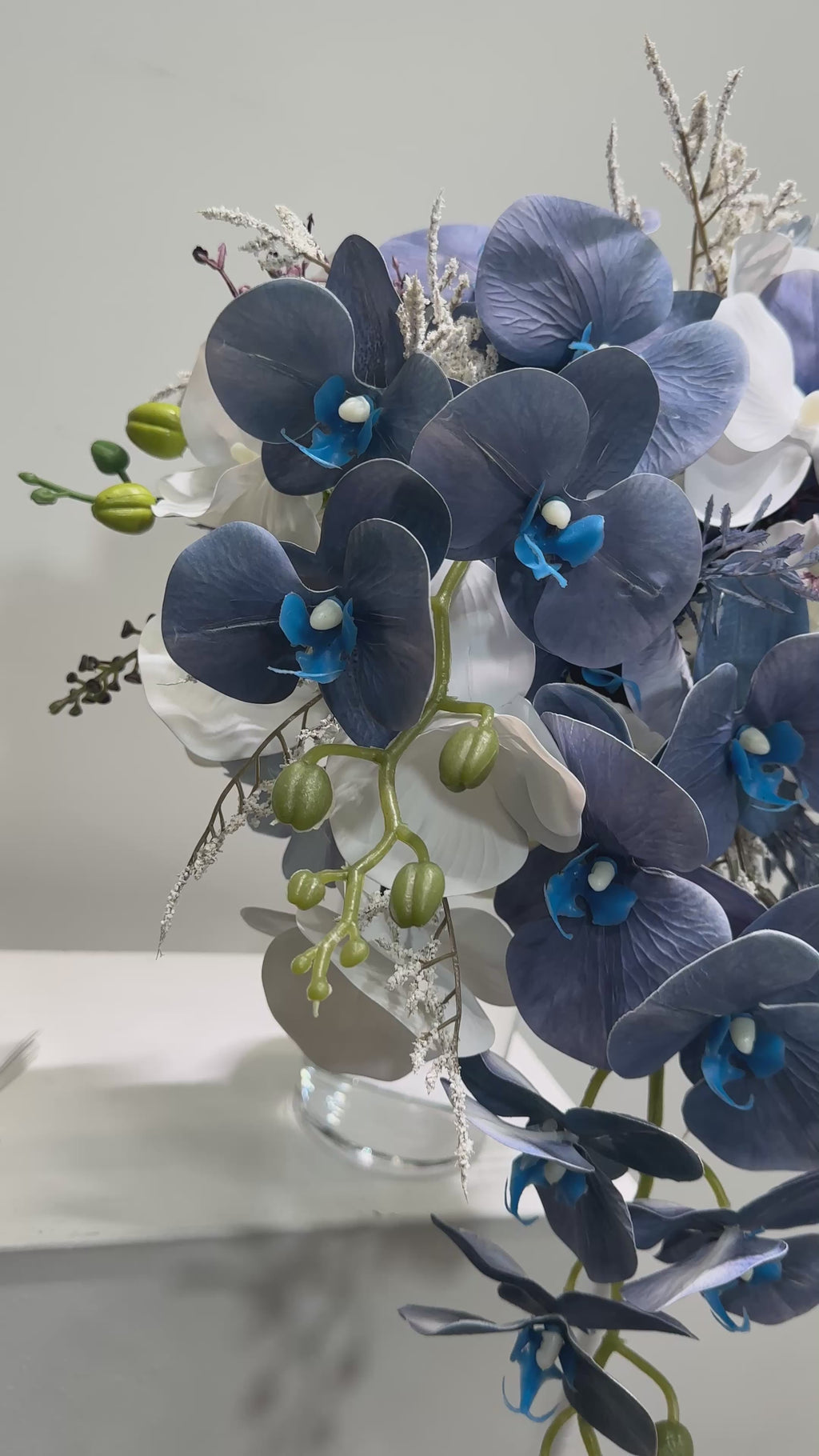 Luxury Blue Cascade Bridal Bouquet – Handmade Orchid Silk Wedding Flowers, Elegant Waterfall Design