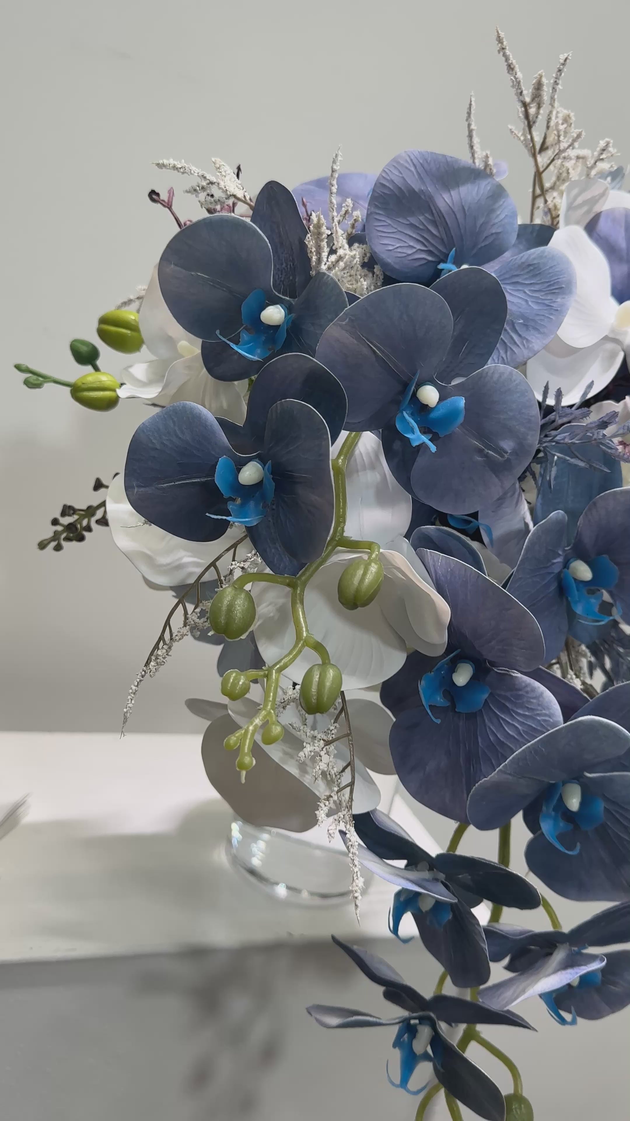 Luxury Blue Cascade Bridal Bouquet – Handmade Orchid Silk Wedding Flowers, Elegant Waterfall Design