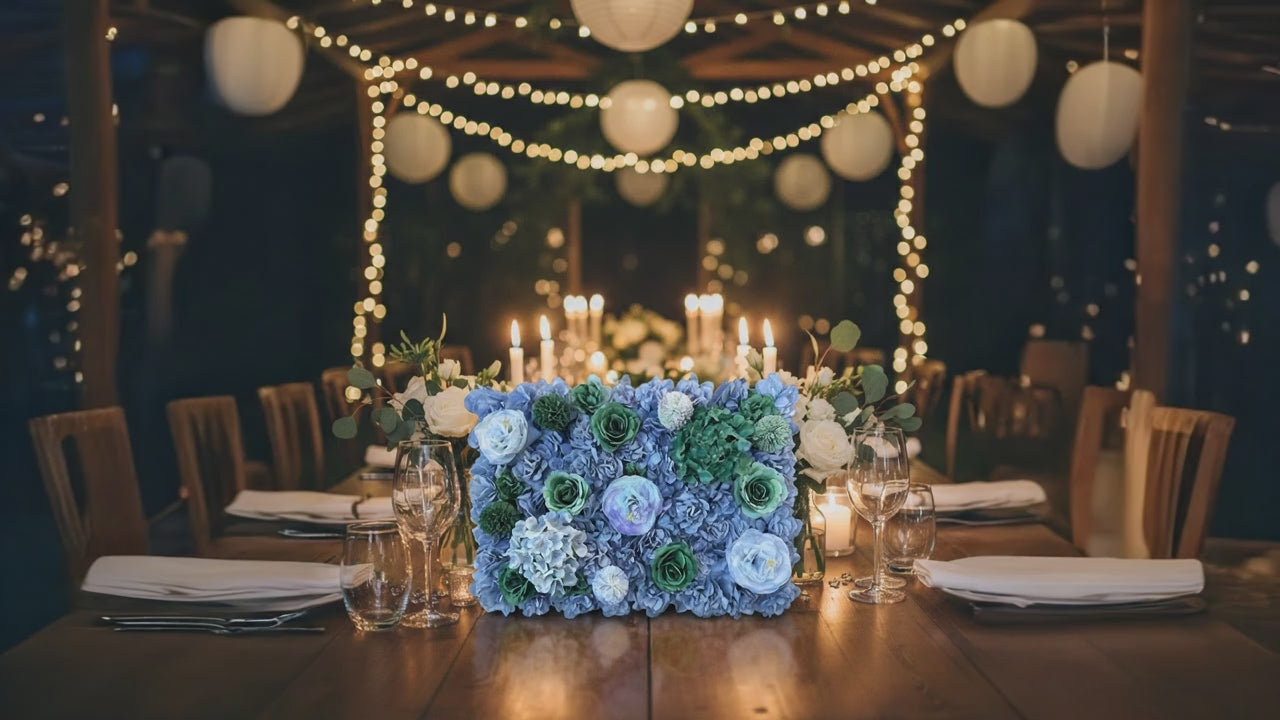 Gray Blue Artificial Flower Wall Panel 60x40cm – Silk Wedding Backdrop & DIY Floral Decor