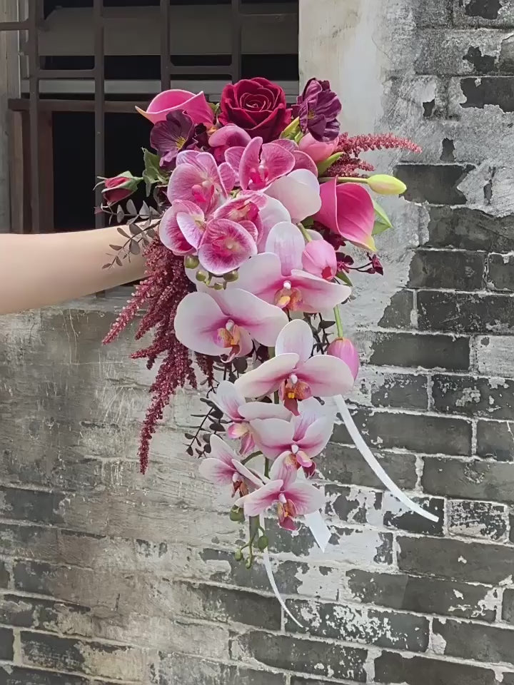 Custom Bridal Bouquet – Burgundy Roses &amp; Pink Orchid Arrangement