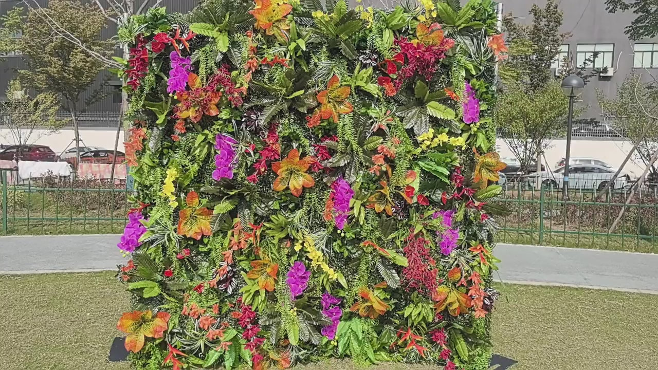 Artificial Tropical Green Wall Panel with Orchids & Exotic Flowers – Luxury Jungle Backdrop for Wedding Event Decor